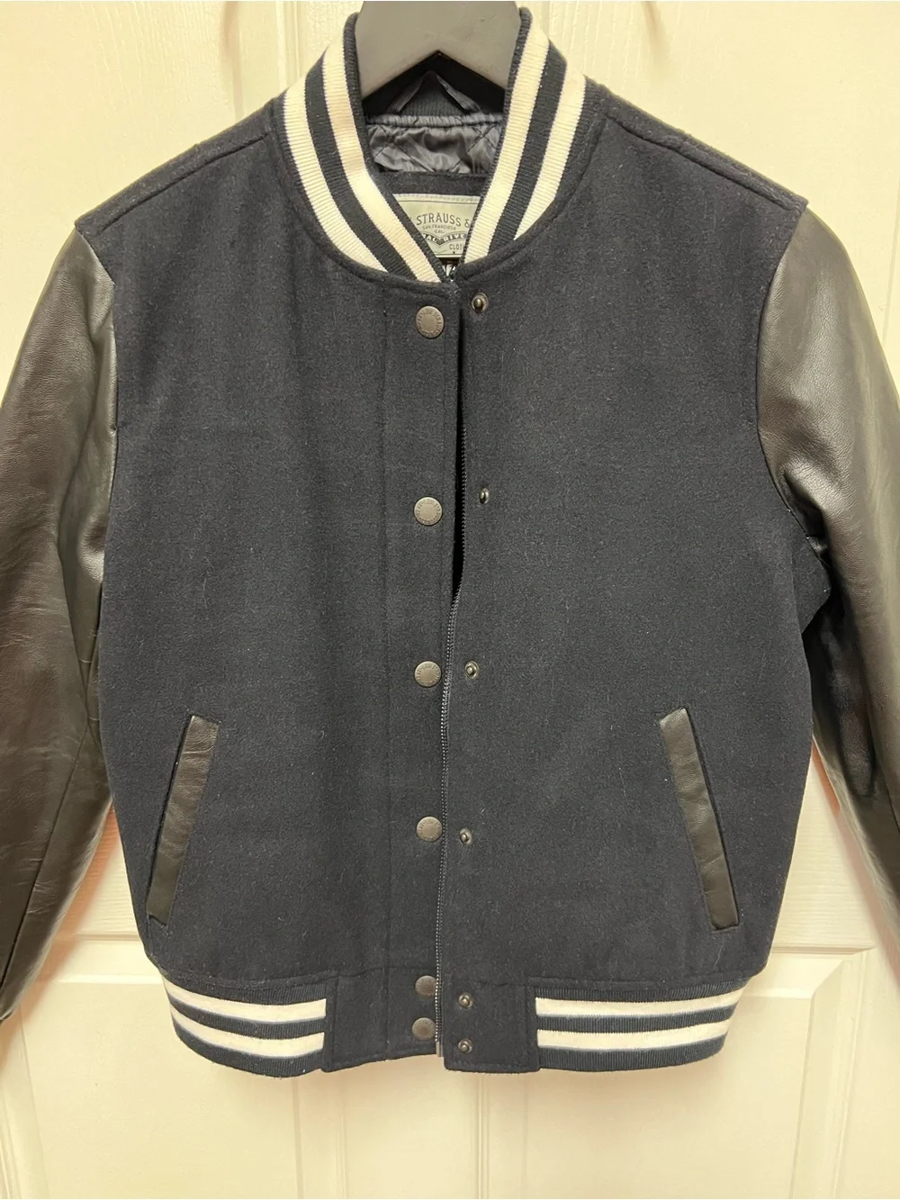 Levi Strauss & Co. Black and White Varsity Jacket with Vegan Leather Sleeves